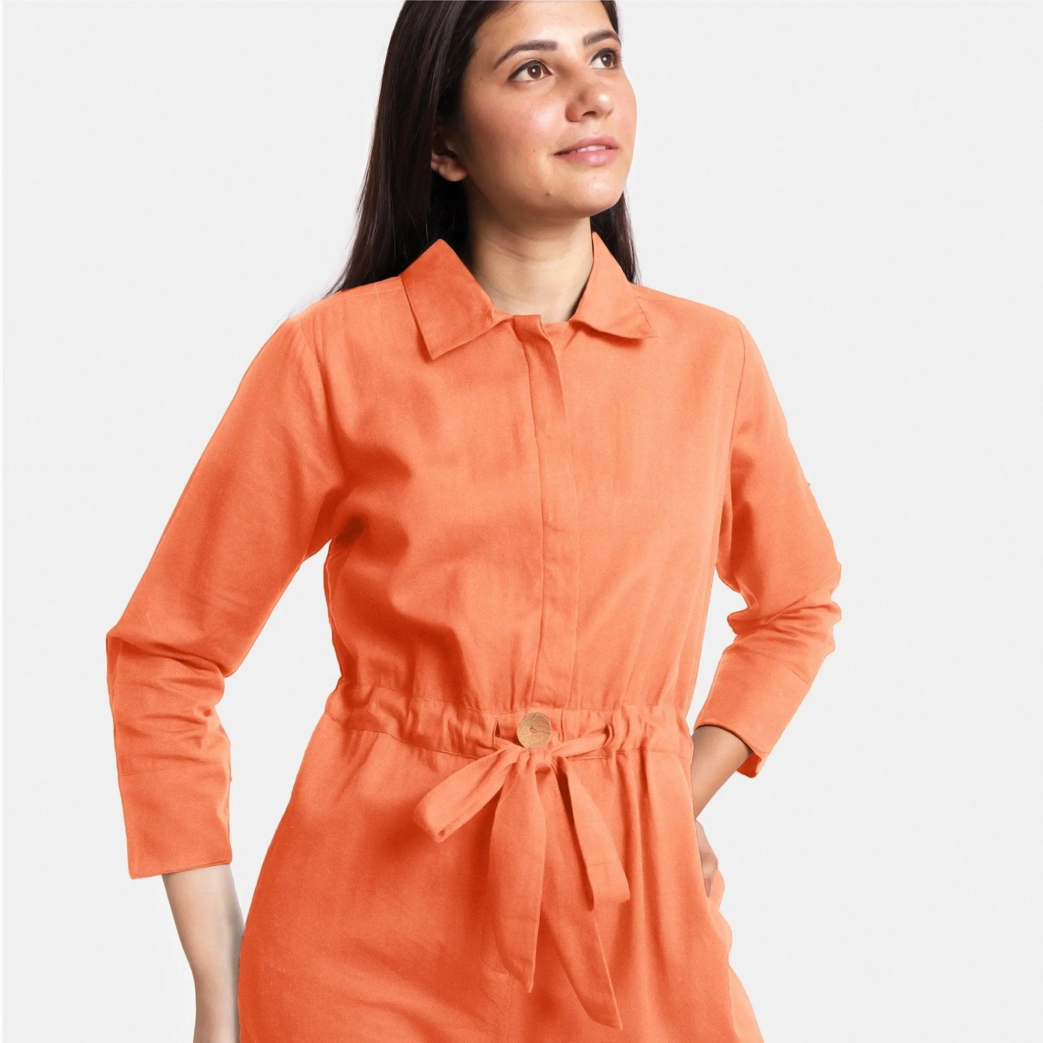 Peach Flat Collar Cotton Flax Elasticated Wide Legged Overall