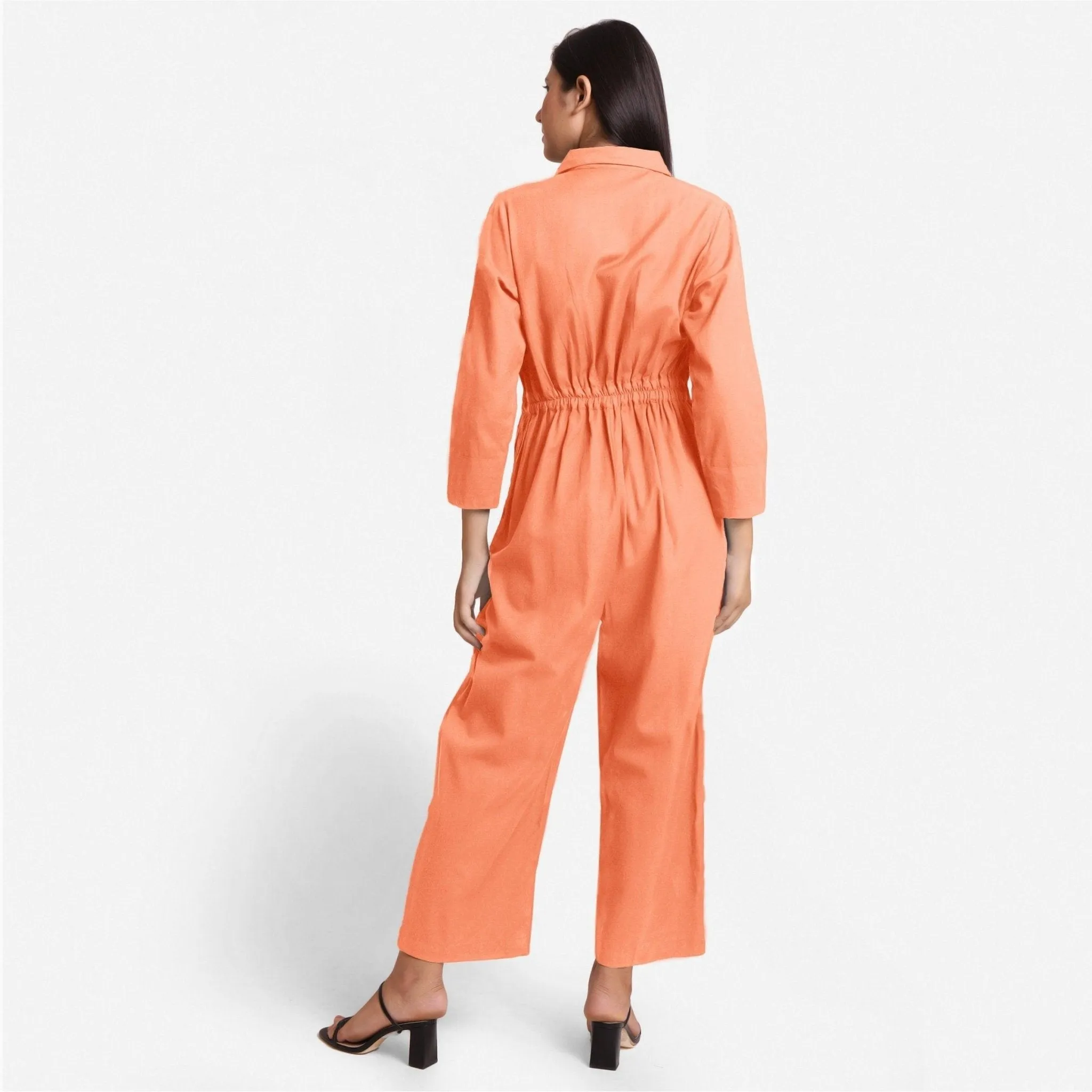 Peach Flat Collar Cotton Flax Elasticated Wide Legged Overall