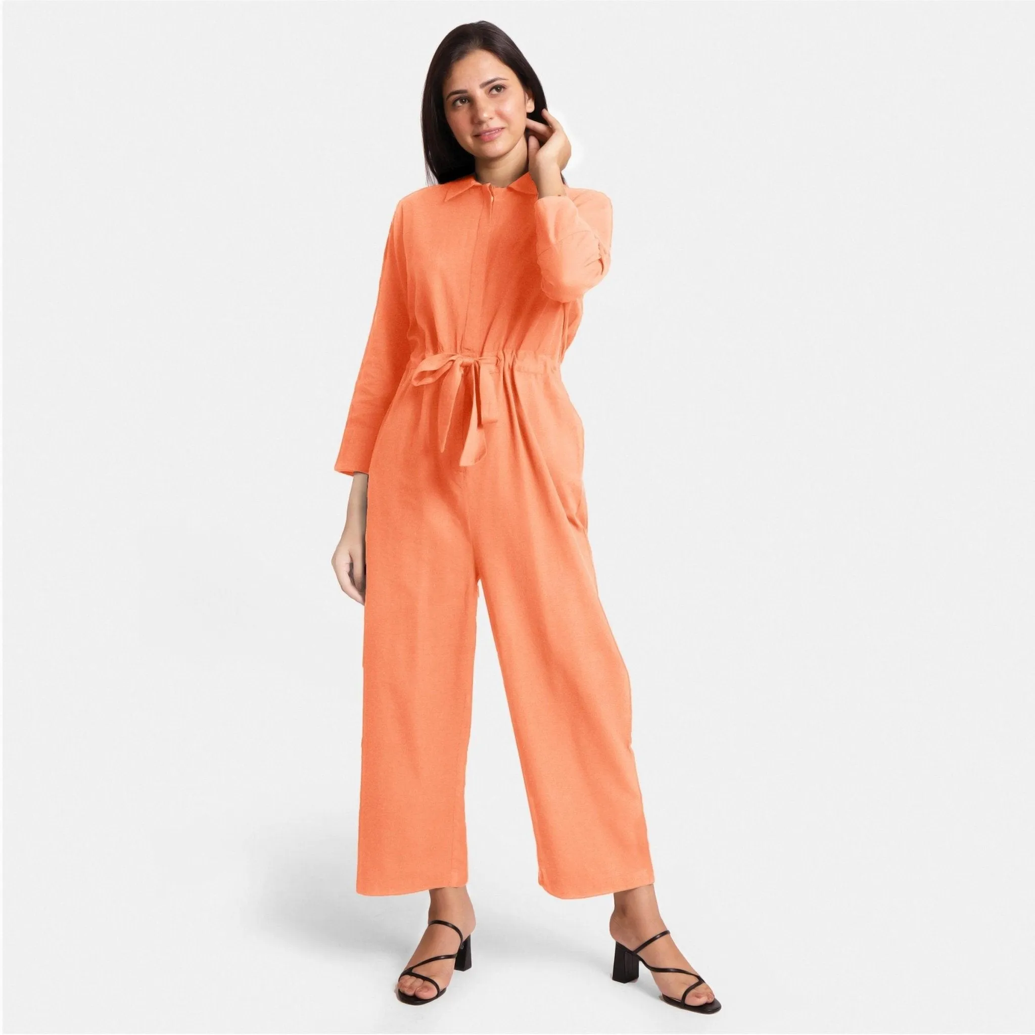 Peach Flat Collar Cotton Flax Elasticated Wide Legged Overall