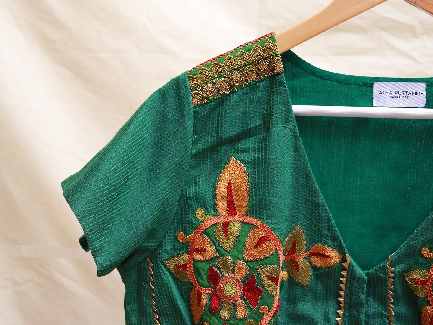 Pine Green, tussar embroidery blouse