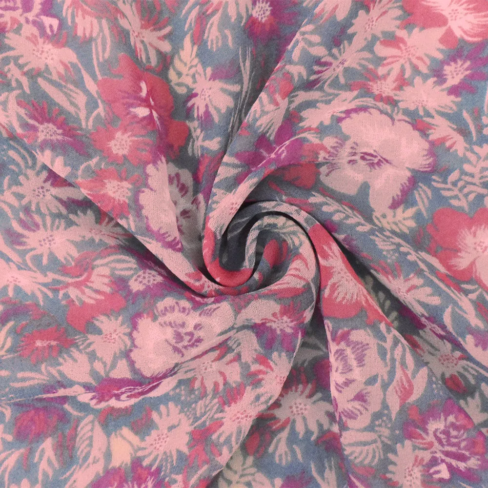 Pink-Gray-Multi Floral Printed Poly Chiffon Woven Fabric