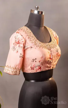 Pink printed semi silk readymade blouse with hand embroidery