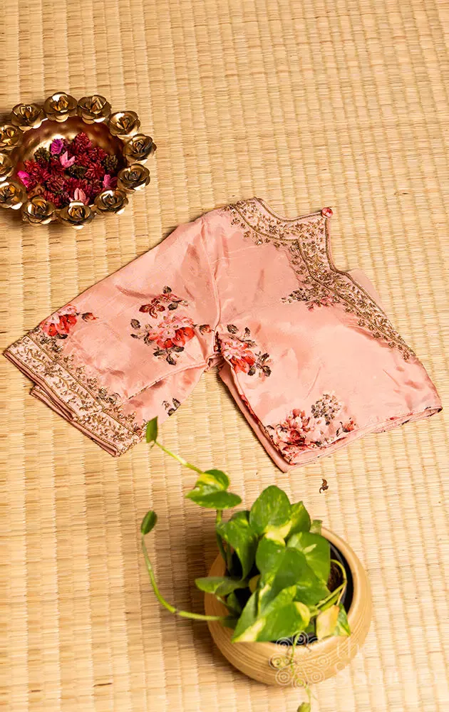 Pink printed semi silk readymade blouse with hand embroidery