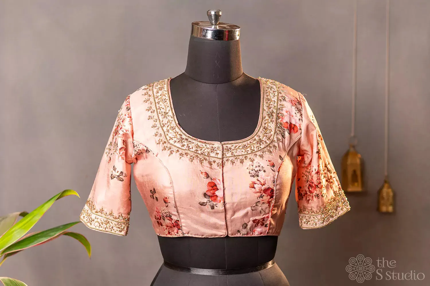 Pink printed semi silk readymade blouse with hand embroidery