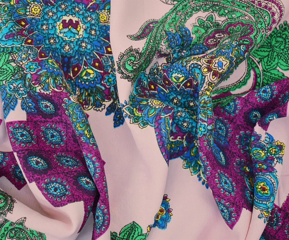 Pink-Turquoise-Multi Abstract Baroque Printed Crepe Rayon Faille Woven Fabric