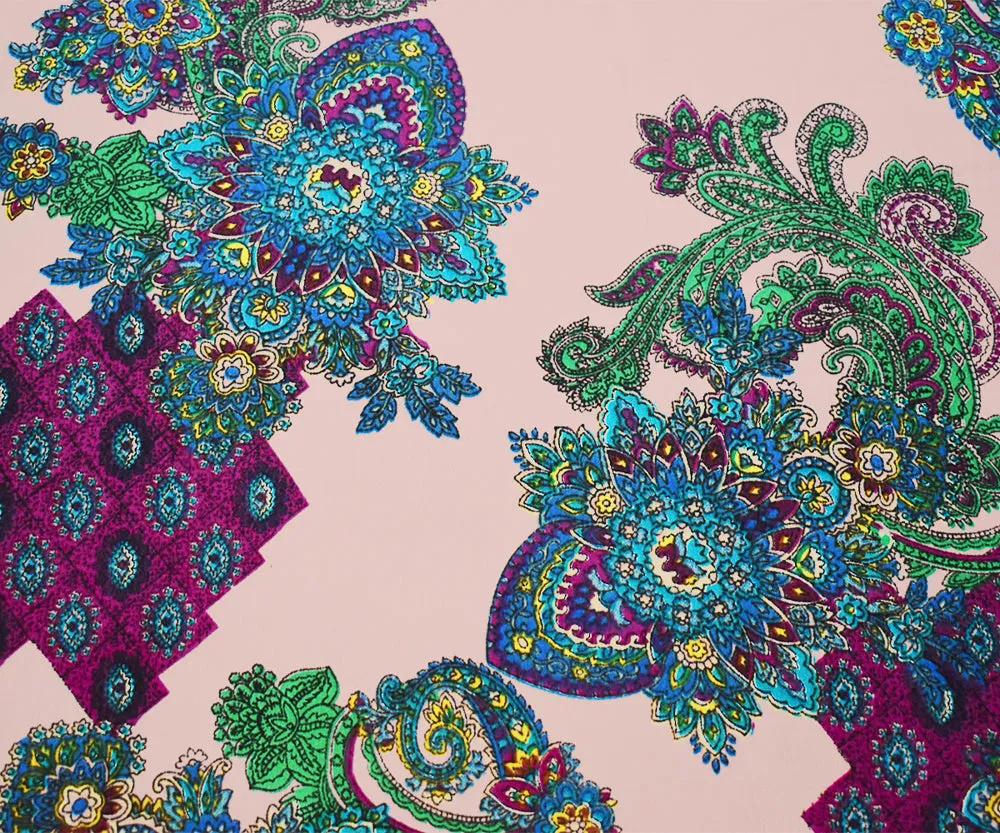 Pink-Turquoise-Multi Abstract Baroque Printed Crepe Rayon Faille Woven Fabric