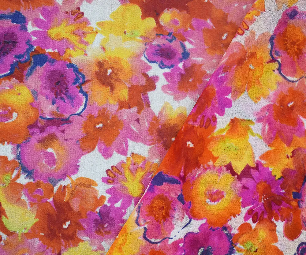 Pink-Yellow-Multi Floral Printed Poly Chiffon Woven Fabric