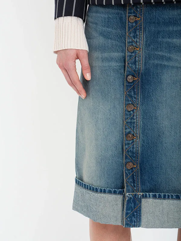 Placket Detail Denim Skirt in Indigo Wash