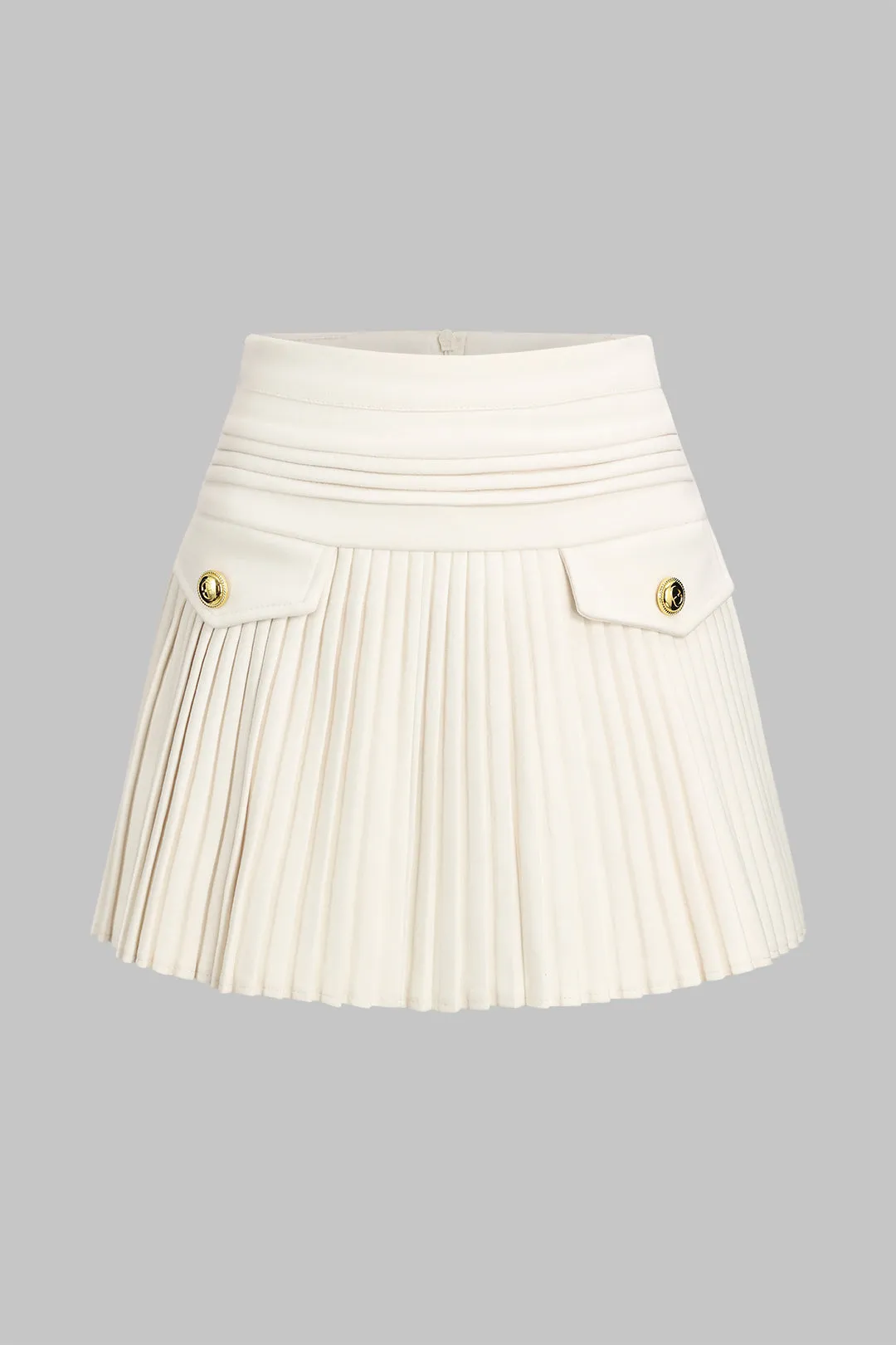 Pleated Button Zipper High Waist  Skirt