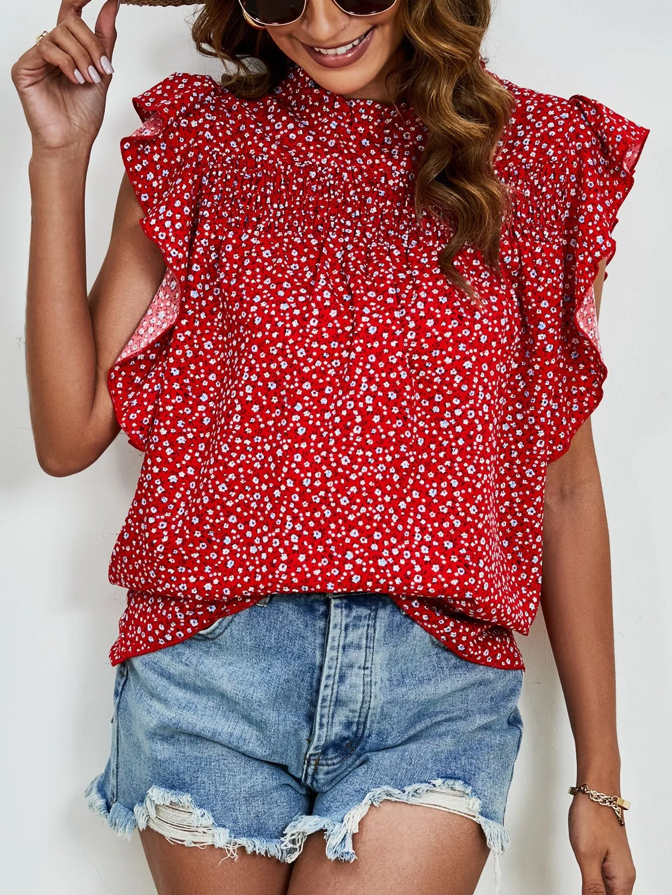 Pleated Collar Sleeveless Ruffled Printed Smocking Blouses