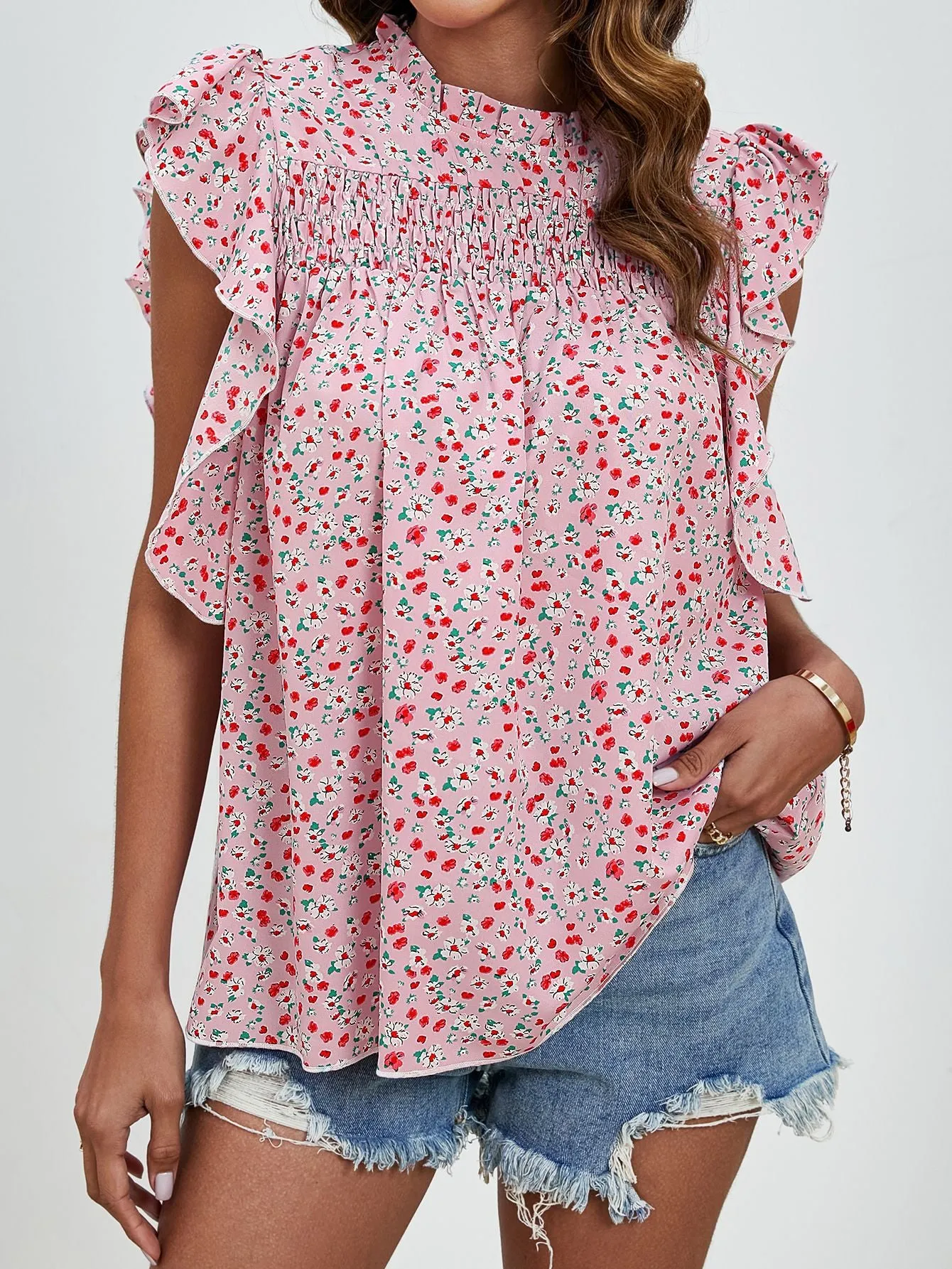 Pleated Collar Sleeveless Ruffled Printed Smocking Blouses