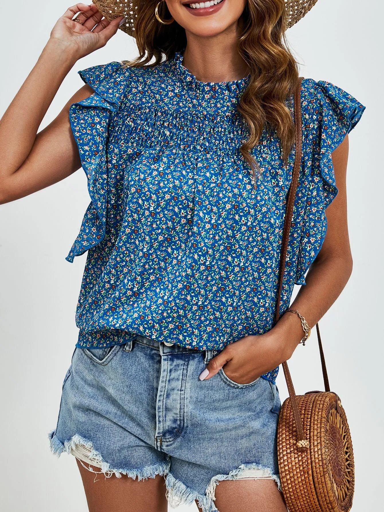 Pleated Collar Sleeveless Ruffled Printed Smocking Blouses