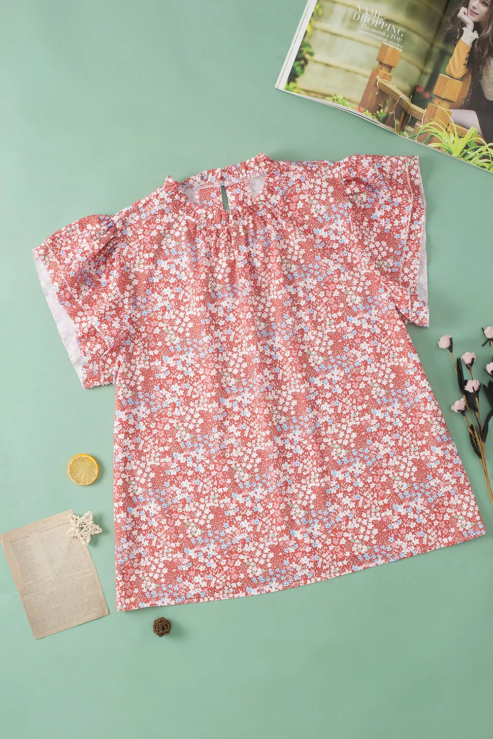 Plus Size Floral Frilled Neck Blouse