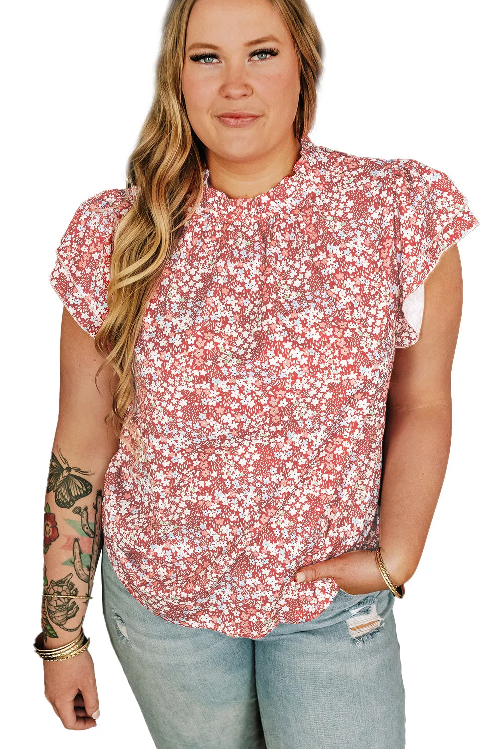 Plus Size Floral Frilled Neck Blouse