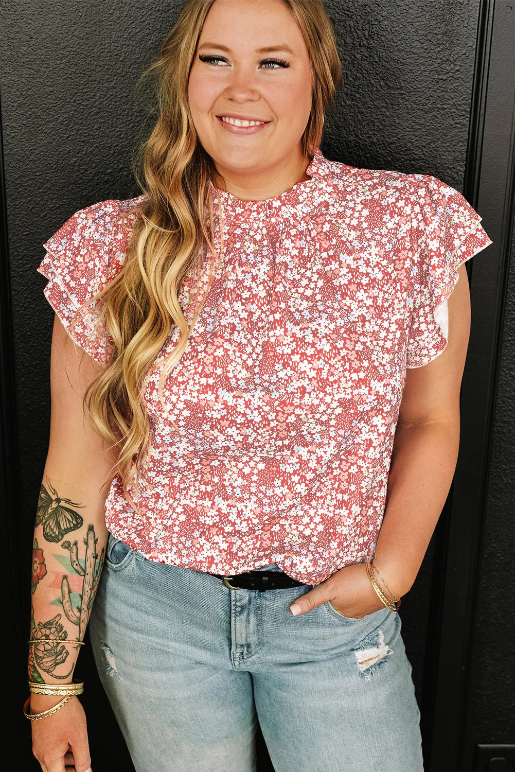 Plus Size Floral Frilled Neck Blouse