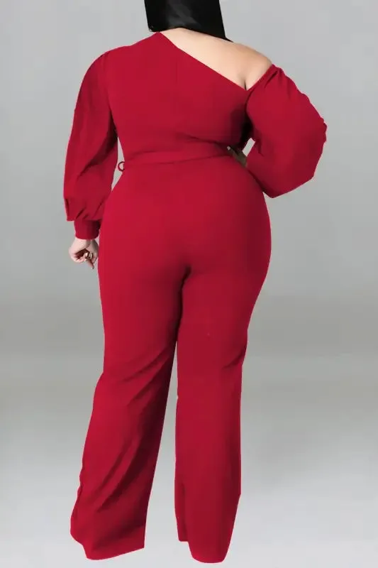 Plus Size One Shoulder Lantern Sleeve Belted Jumpsuit