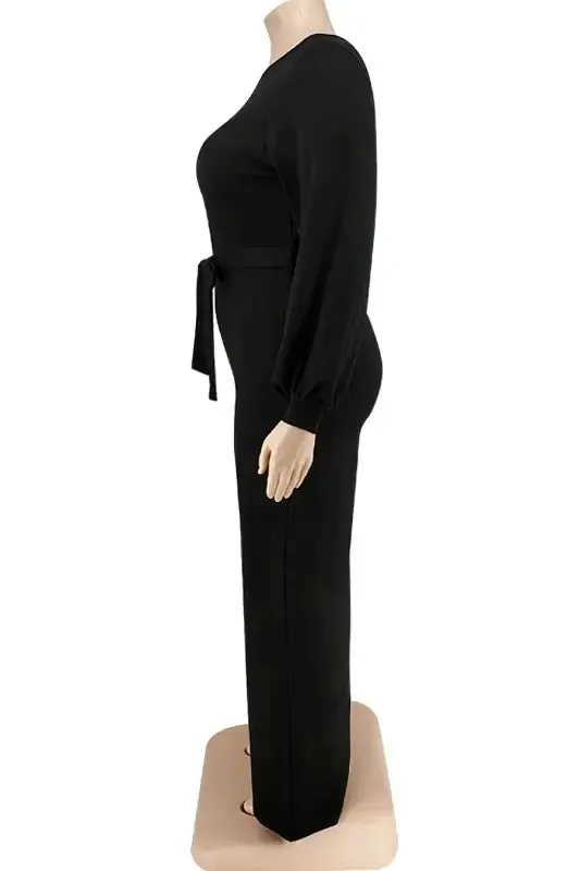 Plus Size One Shoulder Lantern Sleeve Belted Jumpsuit