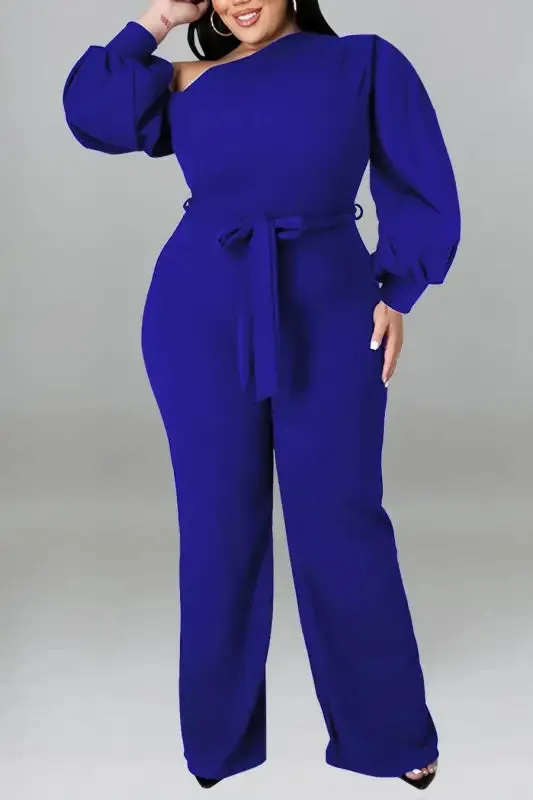 Plus Size One Shoulder Lantern Sleeve Belted Jumpsuit