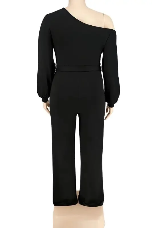 Plus Size One Shoulder Lantern Sleeve Belted Jumpsuit