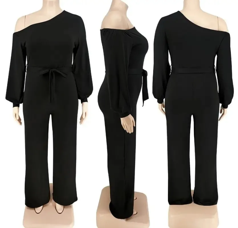 Plus Size One Shoulder Lantern Sleeve Belted Jumpsuit