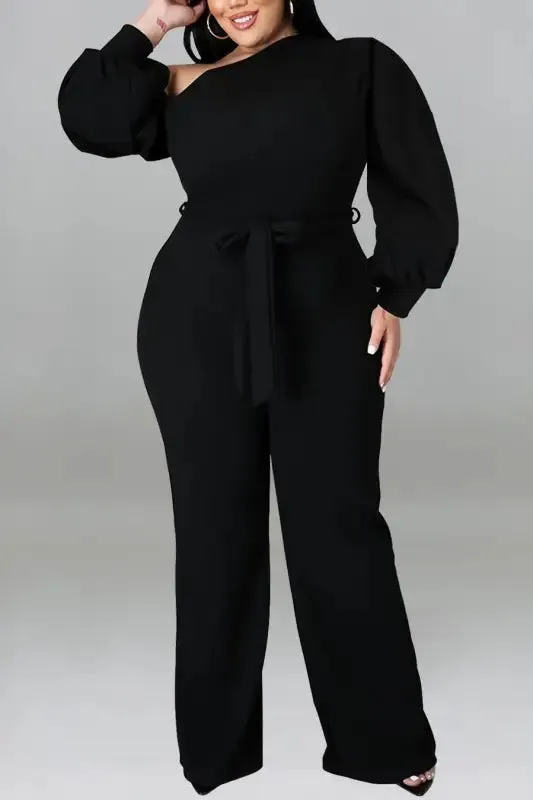 Plus Size One Shoulder Lantern Sleeve Belted Jumpsuit