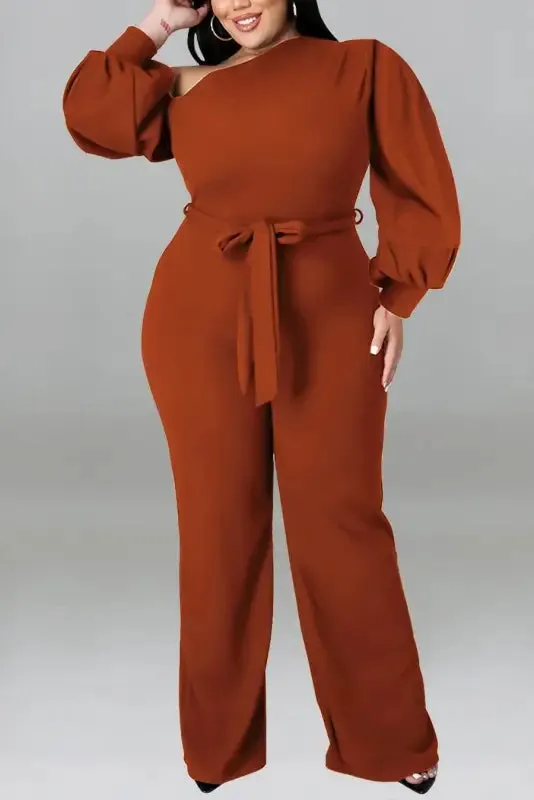 Plus Size One Shoulder Lantern Sleeve Belted Jumpsuit