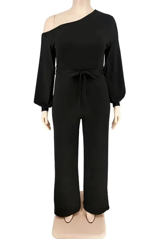 Plus Size One Shoulder Lantern Sleeve Belted Jumpsuit