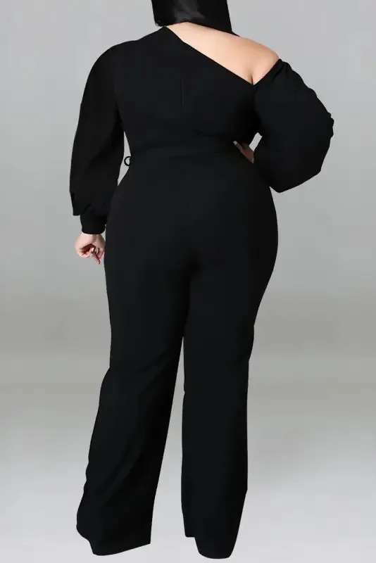 Plus Size One Shoulder Lantern Sleeve Belted Jumpsuit