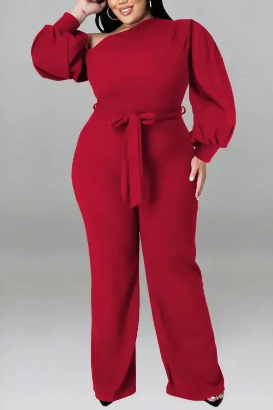 Plus Size One Shoulder Lantern Sleeve Belted Jumpsuit