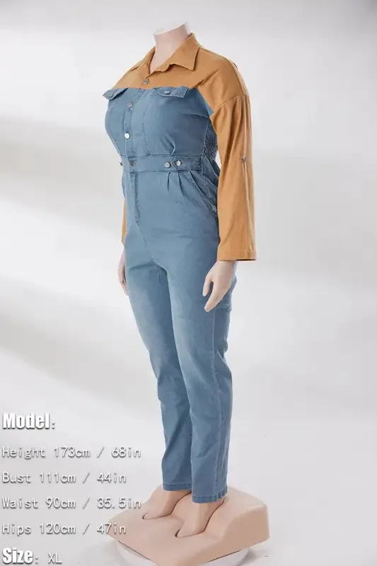 Plus Size Poppin My Collar Tan Denim Jumpsuit