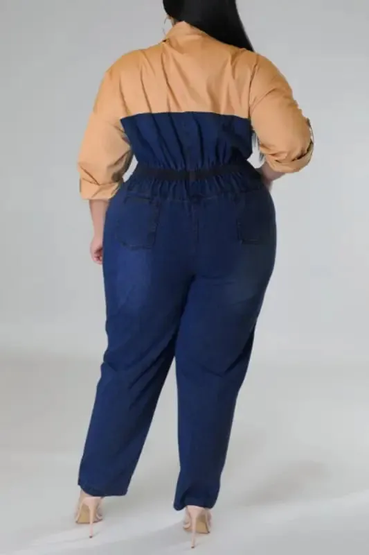 Plus Size Poppin My Collar Tan Denim Jumpsuit