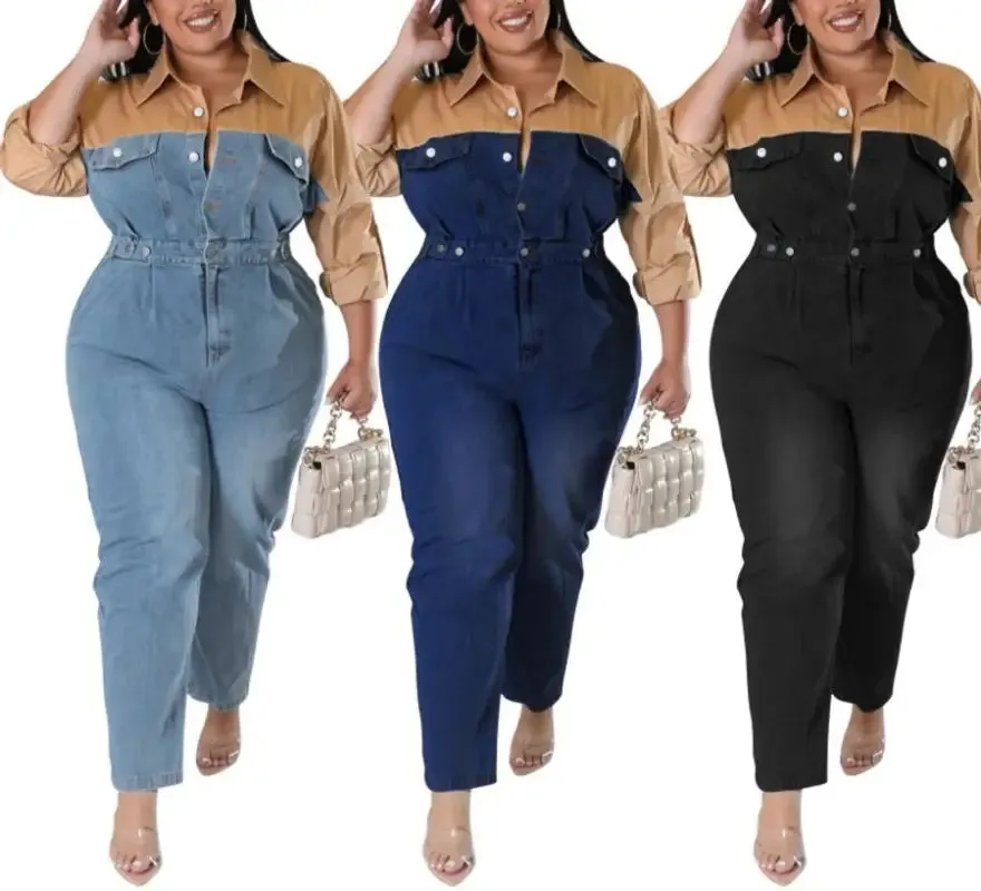 Plus Size Poppin My Collar Tan Denim Jumpsuit