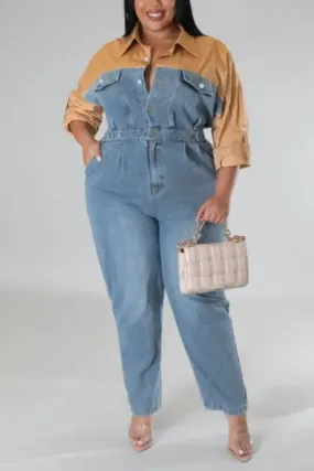 Plus Size Poppin My Collar Tan Denim Jumpsuit