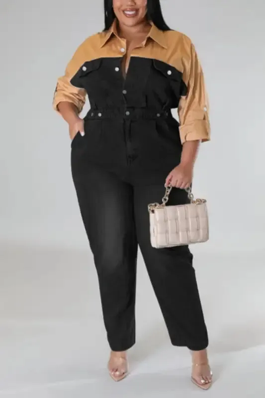 Plus Size Poppin My Collar Tan Denim Jumpsuit