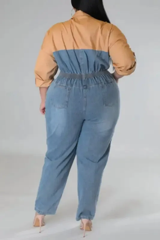 Plus Size Poppin My Collar Tan Denim Jumpsuit