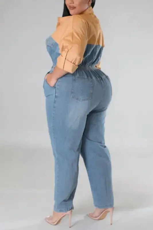 Plus Size Poppin My Collar Tan Denim Jumpsuit