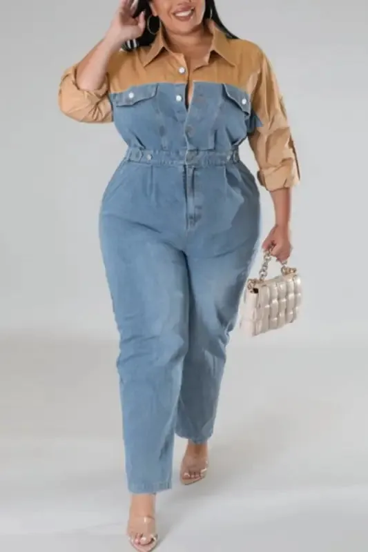 Plus Size Poppin My Collar Tan Denim Jumpsuit