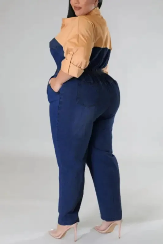 Plus Size Poppin My Collar Tan Denim Jumpsuit