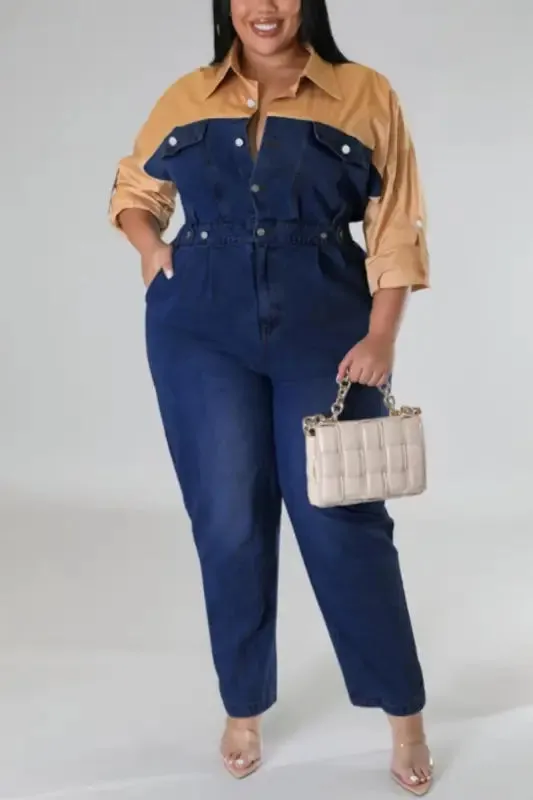 Plus Size Poppin My Collar Tan Denim Jumpsuit