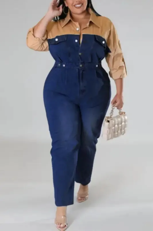 Plus Size Poppin My Collar Tan Denim Jumpsuit