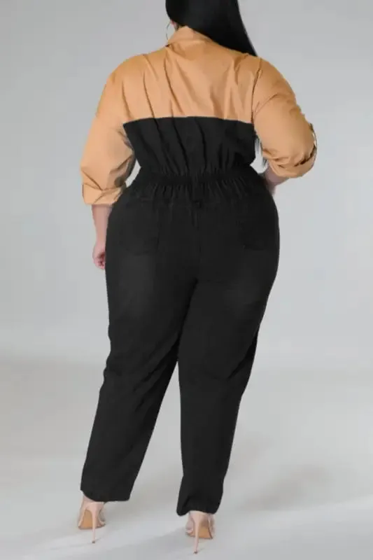 Plus Size Poppin My Collar Tan Denim Jumpsuit