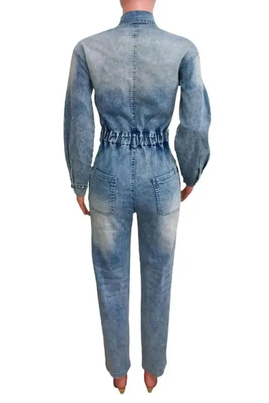 Pocketed Button Down Denim Jumpsuit