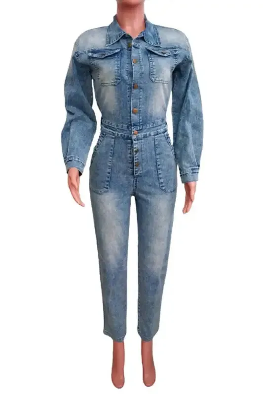 Pocketed Button Down Denim Jumpsuit