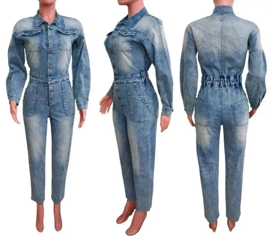 Pocketed Button Down Denim Jumpsuit