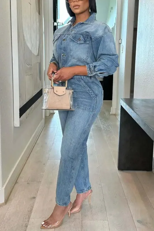 Pocketed Button Down Denim Jumpsuit