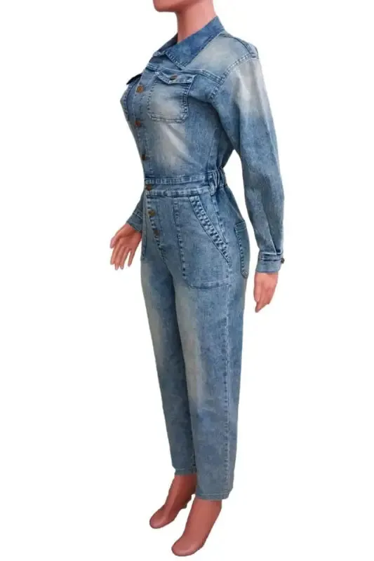 Pocketed Button Down Denim Jumpsuit