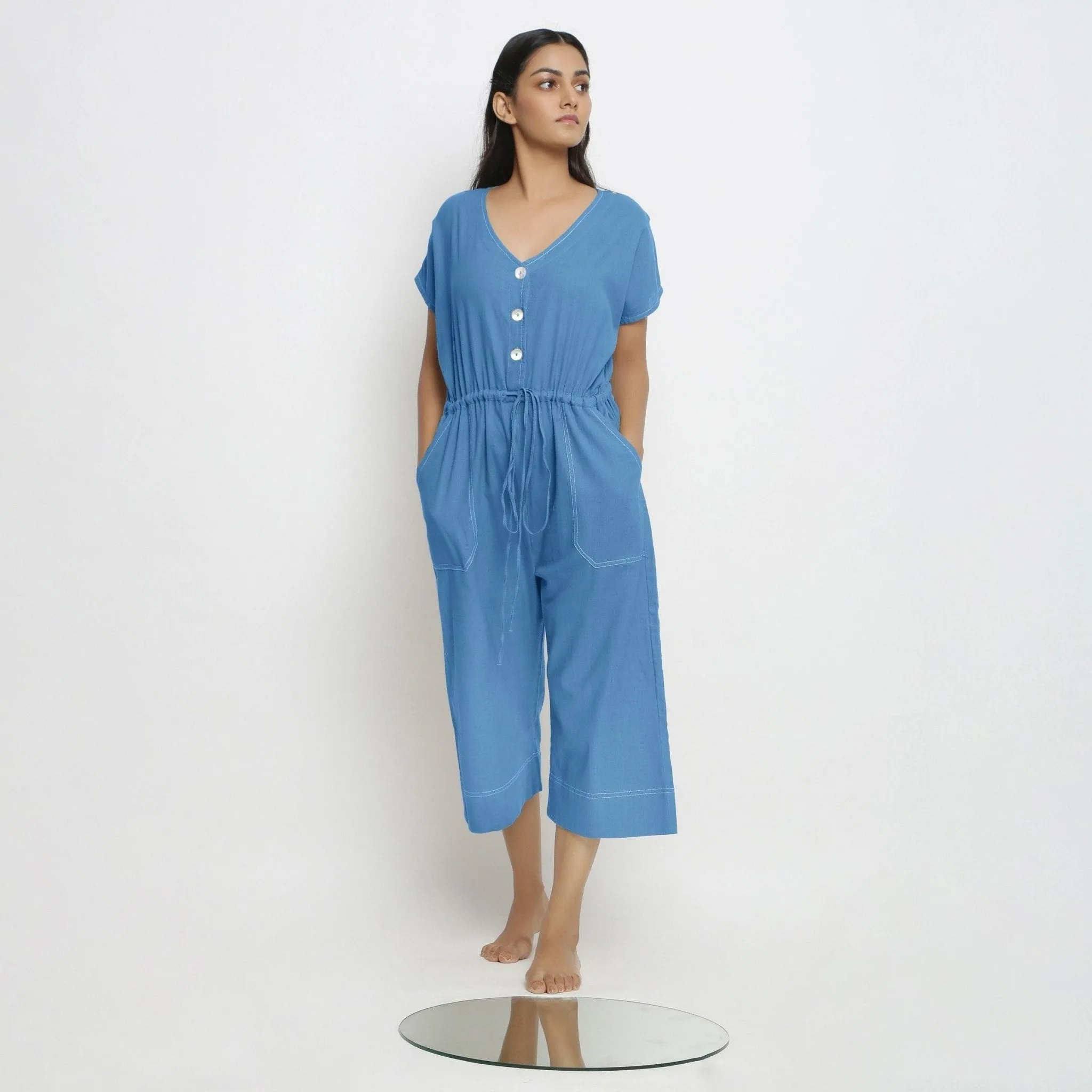 Powder Blue Handspun Cotton V-Neck Button-Down Jumpsuit