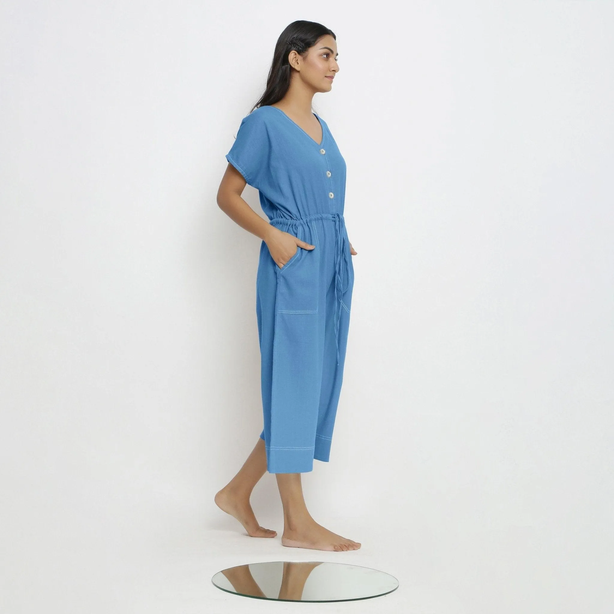 Powder Blue Handspun Cotton V-Neck Button-Down Jumpsuit