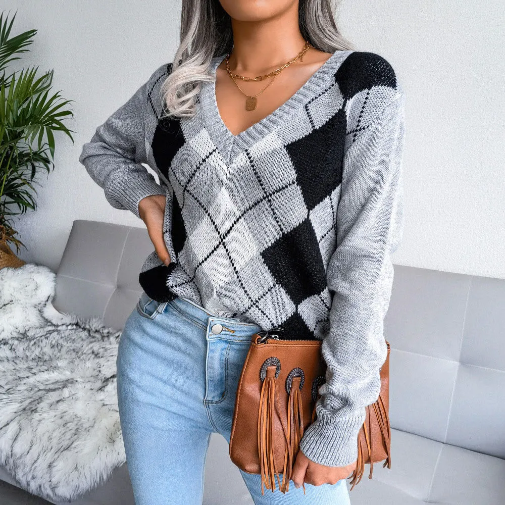 Preppy Ribbed V Neck Long Sleeve Pullover Argyle Knit Sweater