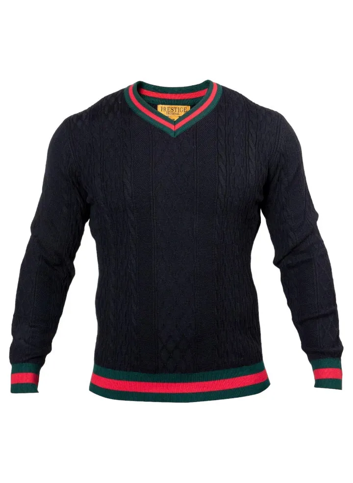 Prestige Black Men's V-Neck Luxury Pullover Sweaters Green and Red stripes SW-563